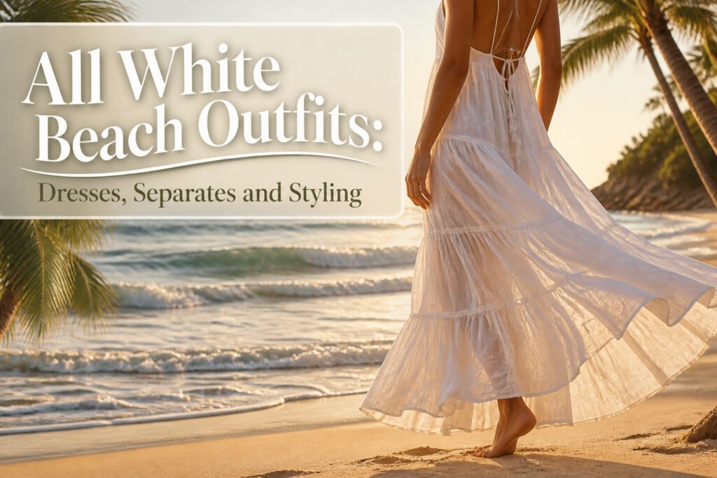 A collection of all white beach outfits displayed together.