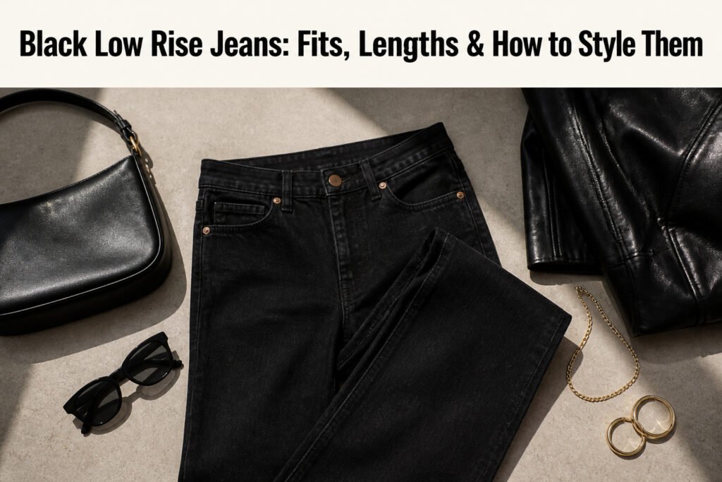 Black low rise jeans paired with a fitted top in a stylish setting.