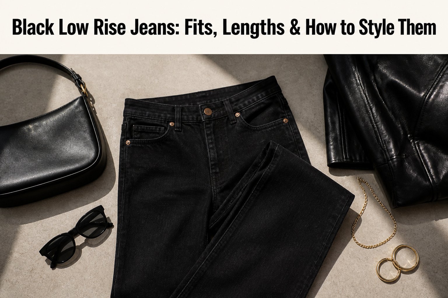 Black low rise jeans paired with a fitted top in a stylish setting.