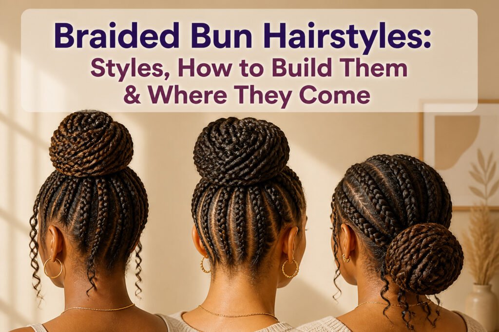 A collage of different braided bun hairstyles in various styles and colors.