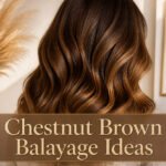 Model showcasing beautiful chestnut brown balayage with rich tones.