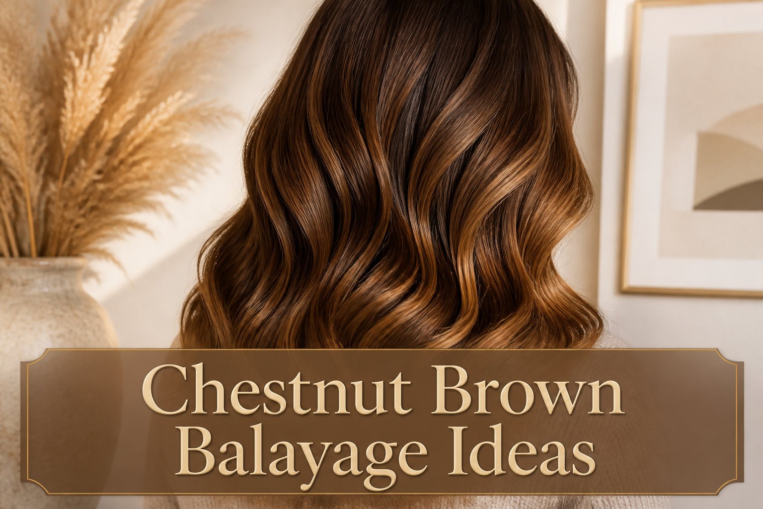 Model showcasing beautiful chestnut brown balayage with rich tones.