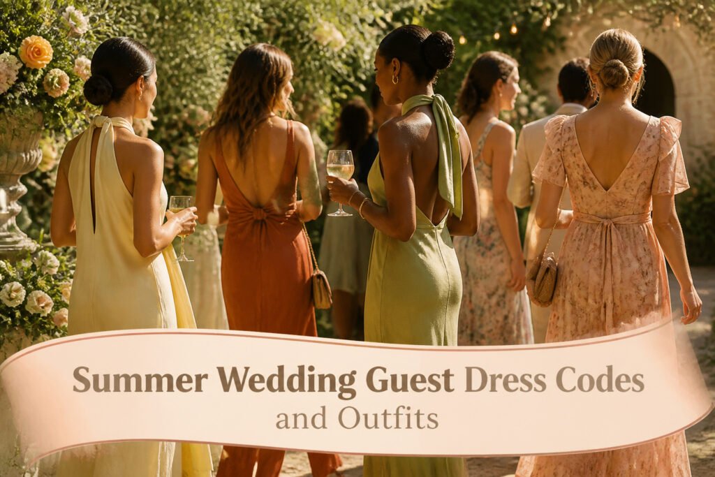 A collection of summer wedding guest outfits displayed on mannequins.