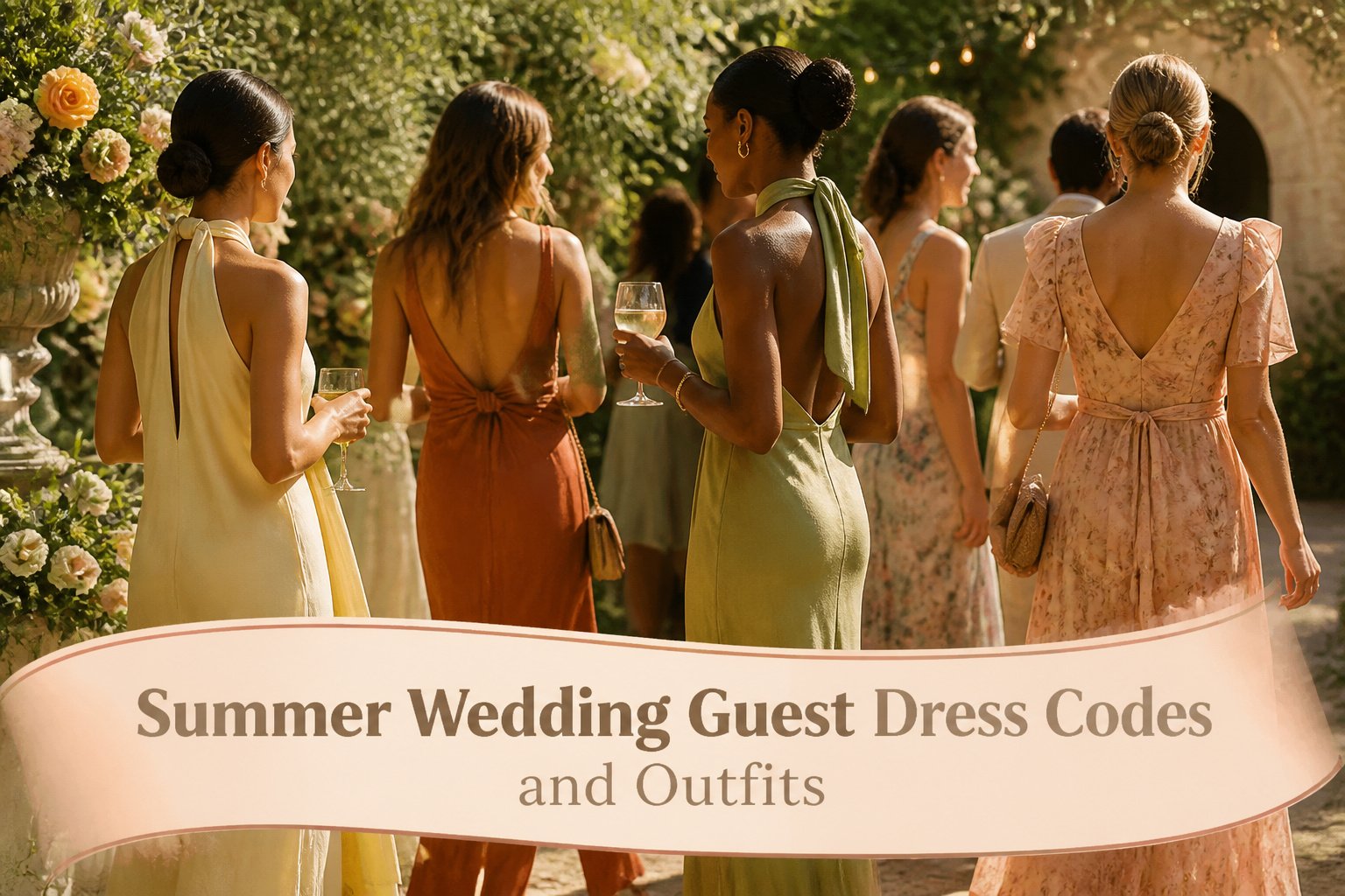 A collection of summer wedding guest outfits displayed on mannequins.