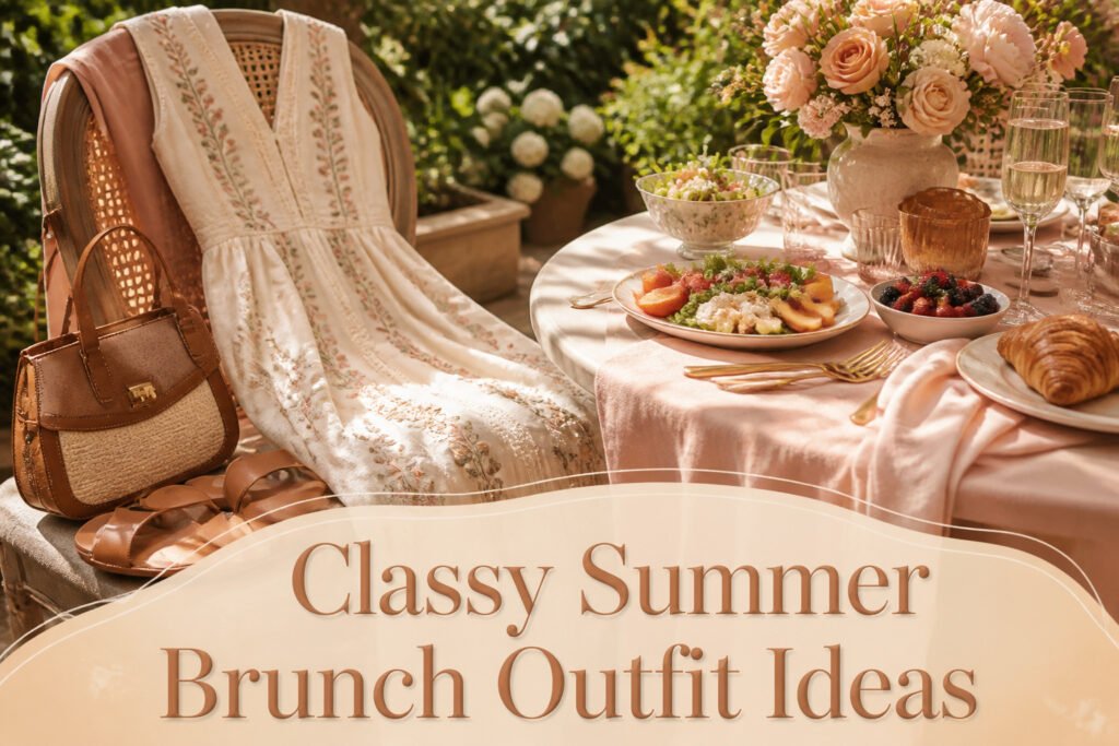 Various stylish summer brunch outfits displayed together.