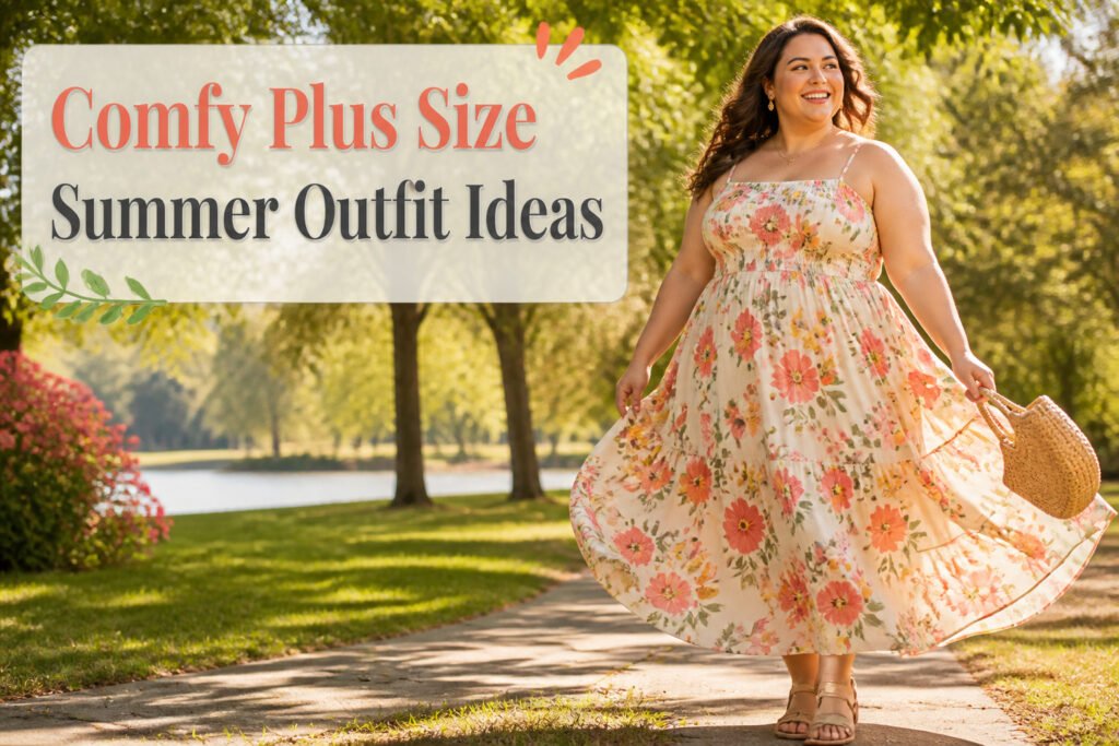 Various plus size summer outfits in colorful styles and lightweight materials.