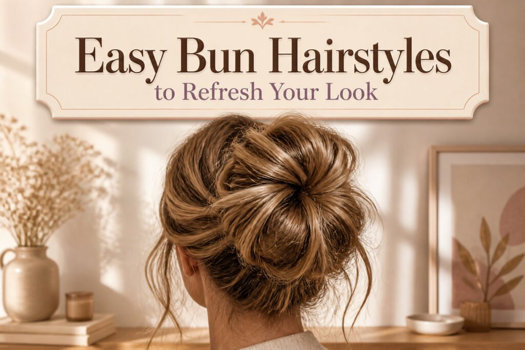 Different easy bun hairstyles displayed together.