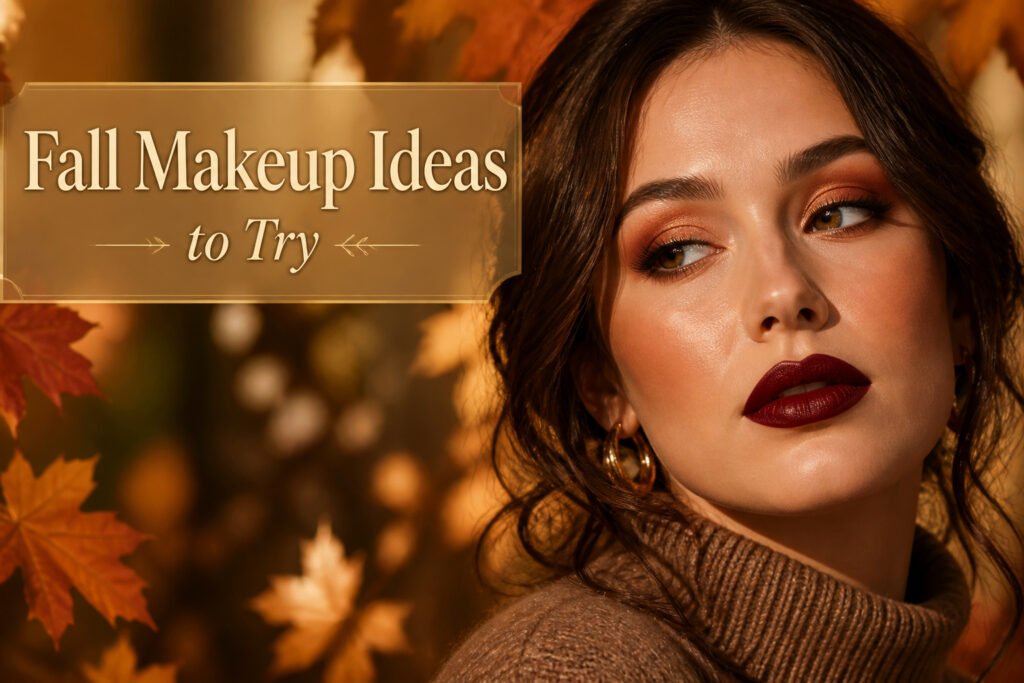 A collection of fall makeup products arranged aesthetically.