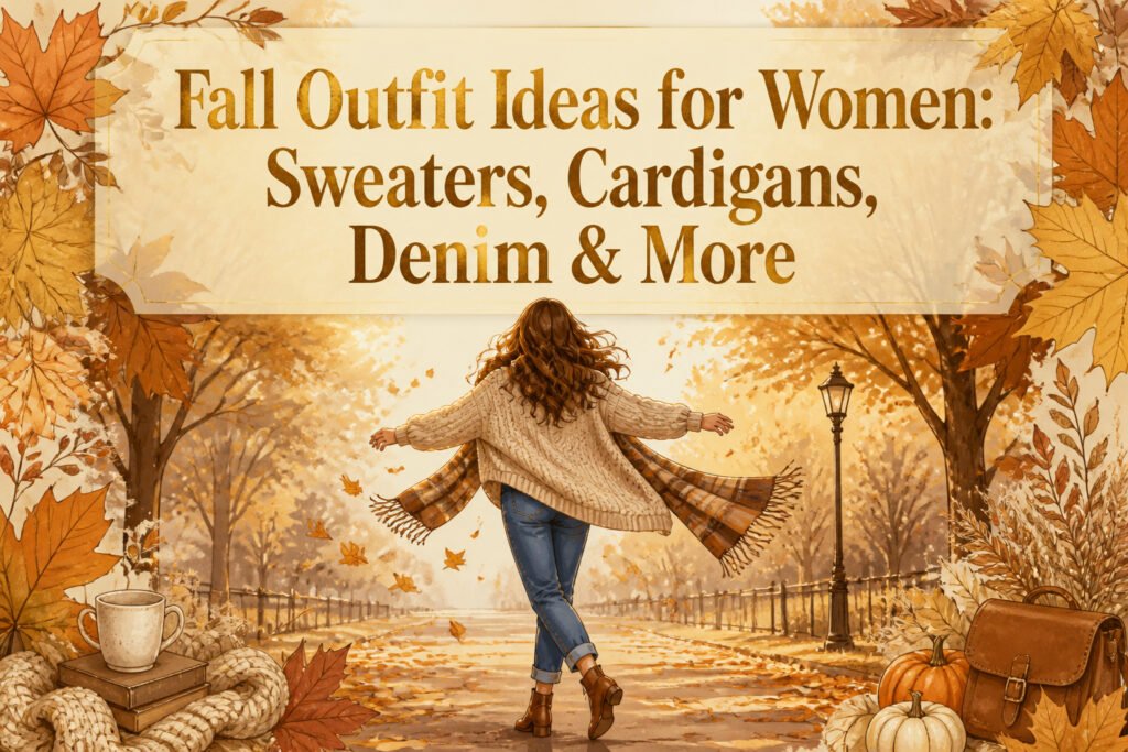 Various fall outfits including sweaters, cardigans, and ankle boots.