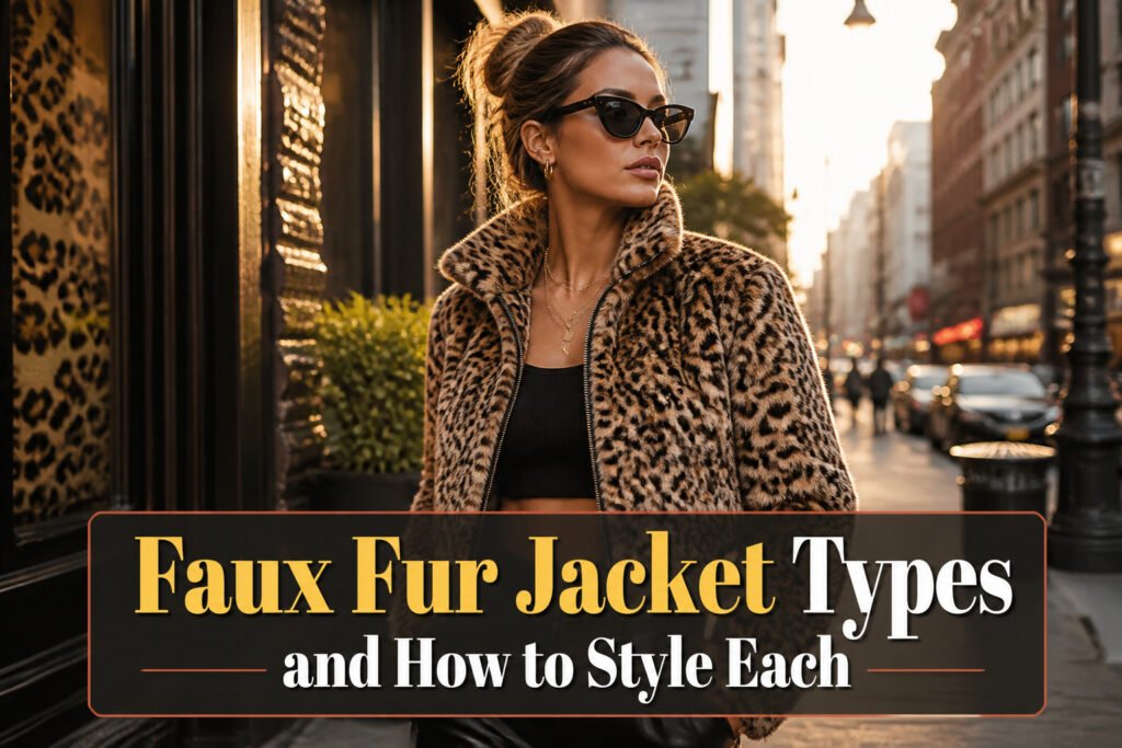 Different types of faux fur jackets displayed on a rack.