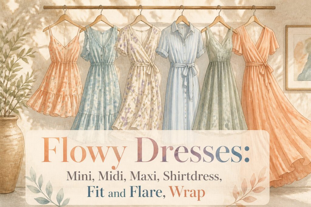 A variety of flowy dresses displayed together, showcasing different styles and colors.
