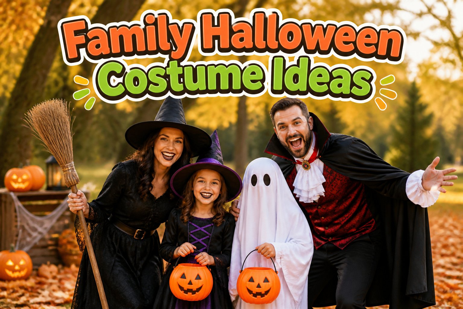 Various family Halloween costumes displayed in a festive setting.