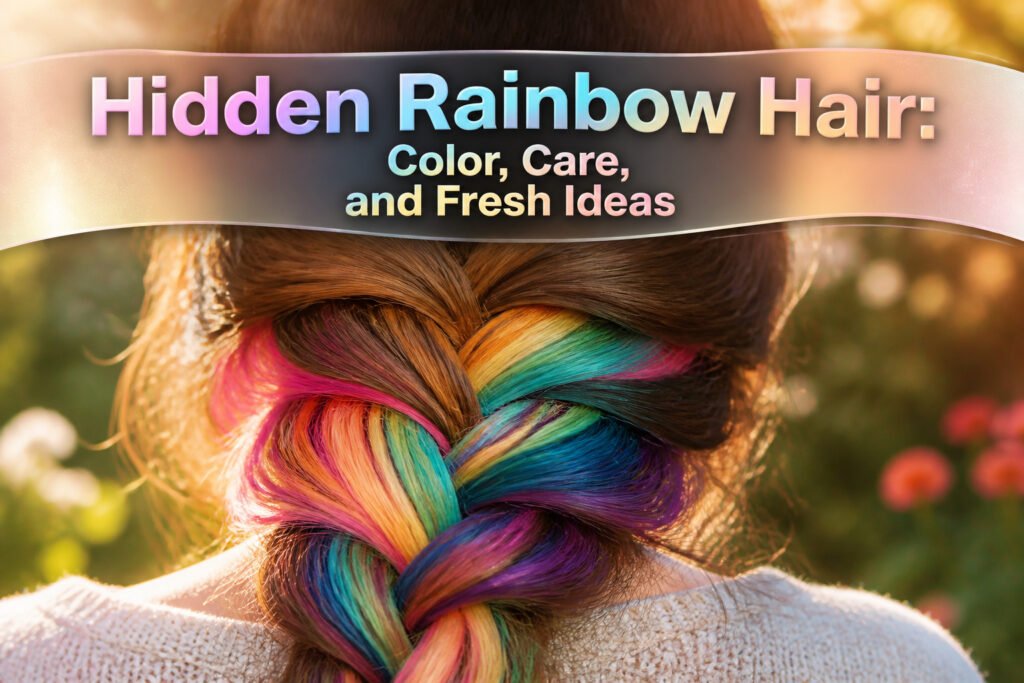 A model with hidden rainbow hair showing colorful underlayers.