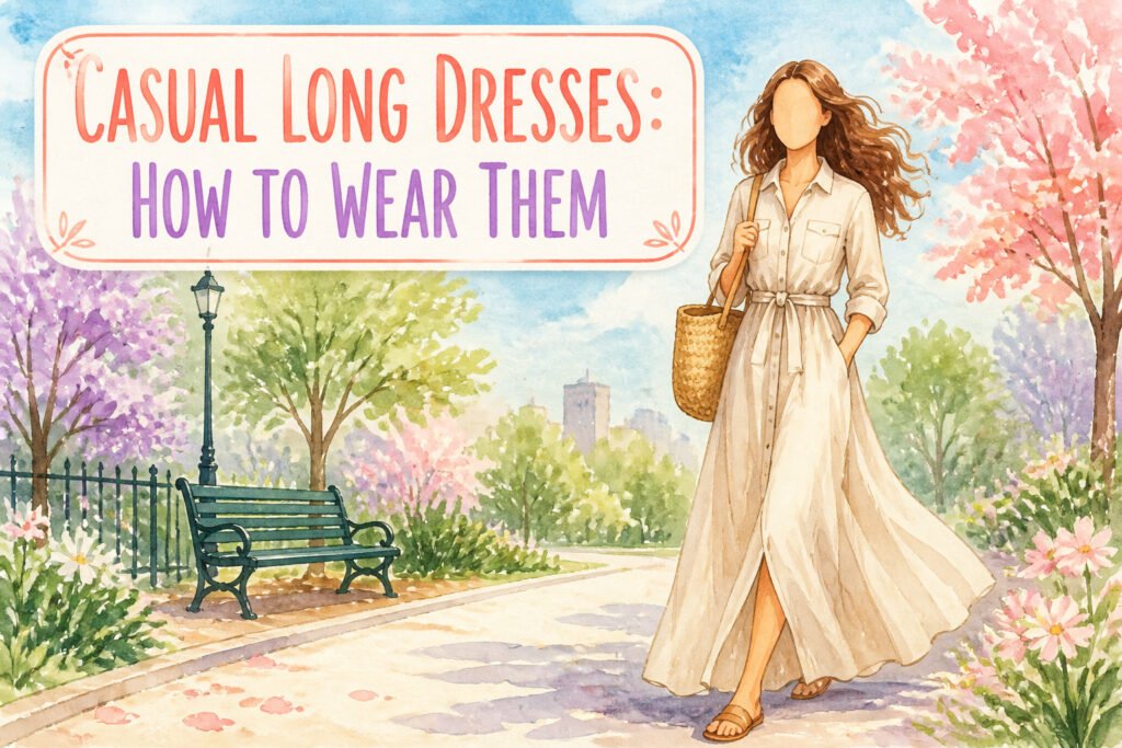 A variety of casual long dresses displayed on a rack.