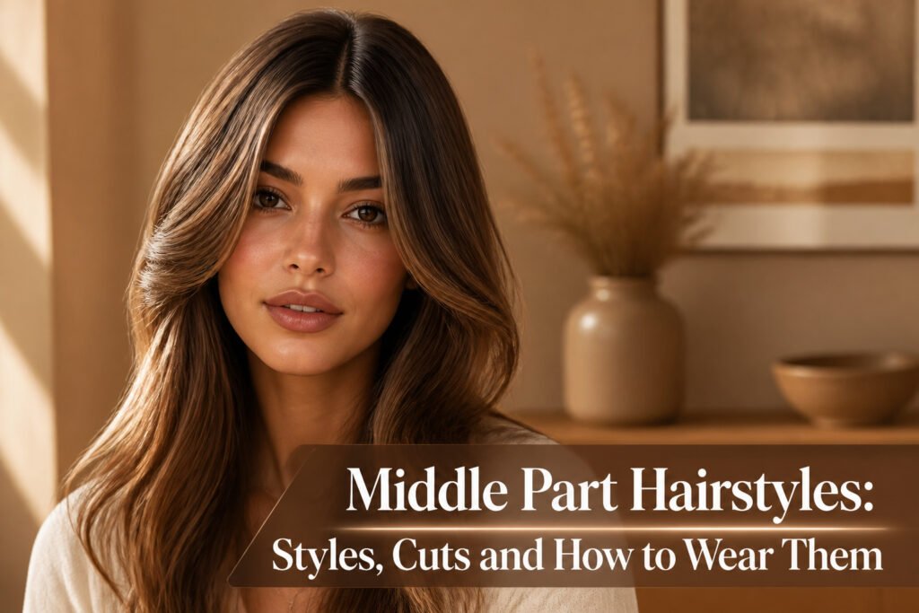 Models showcasing diverse middle part hairstyles in various locations.