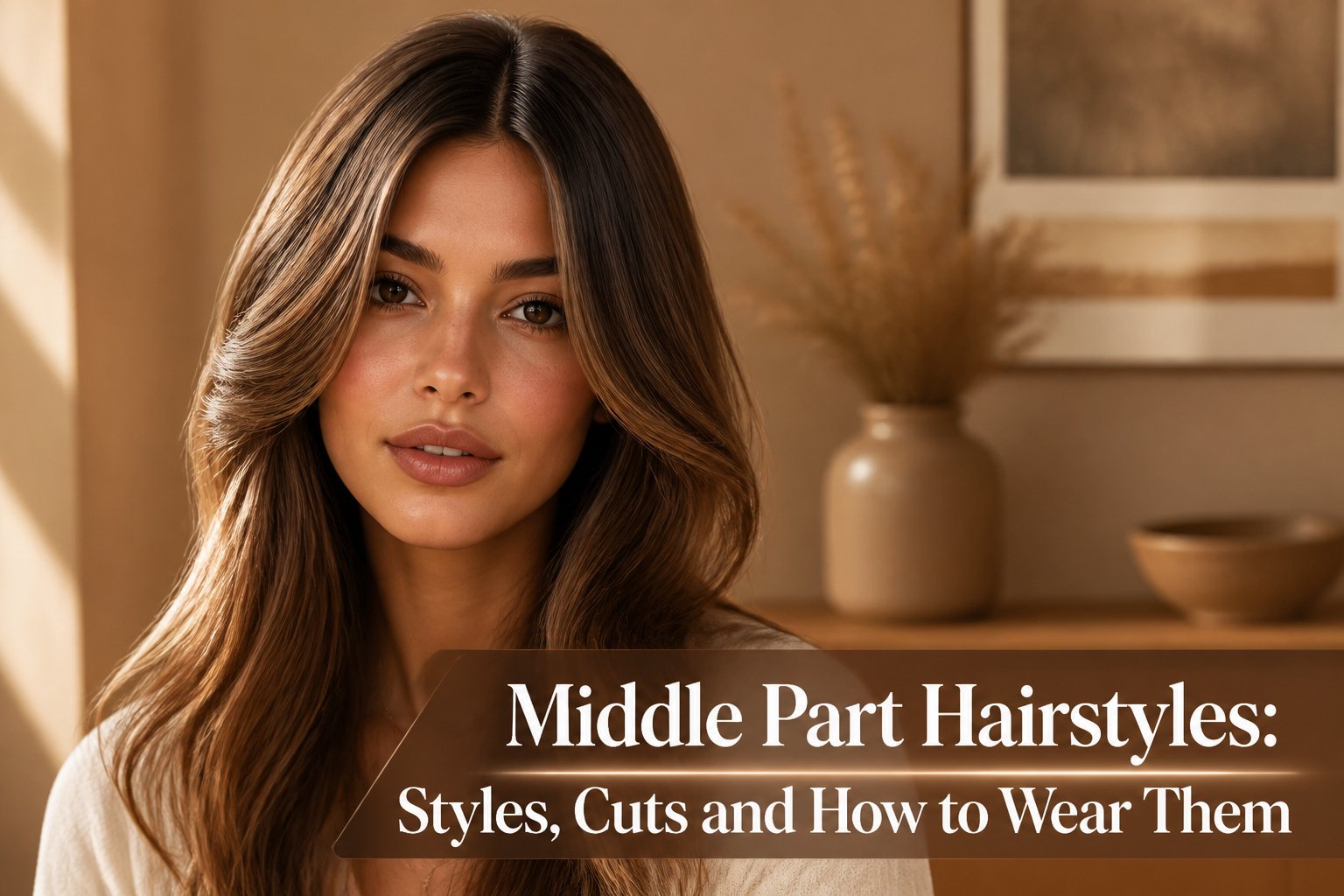 Models showcasing diverse middle part hairstyles in various locations.