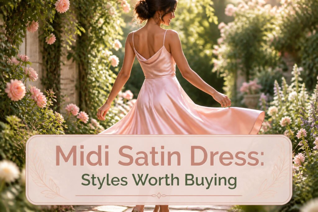 Various midi satin dresses displayed together in different styles and colors.