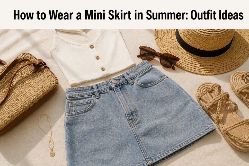 Various mini skirt outfits suitable for summer, displayed in a flat lay.