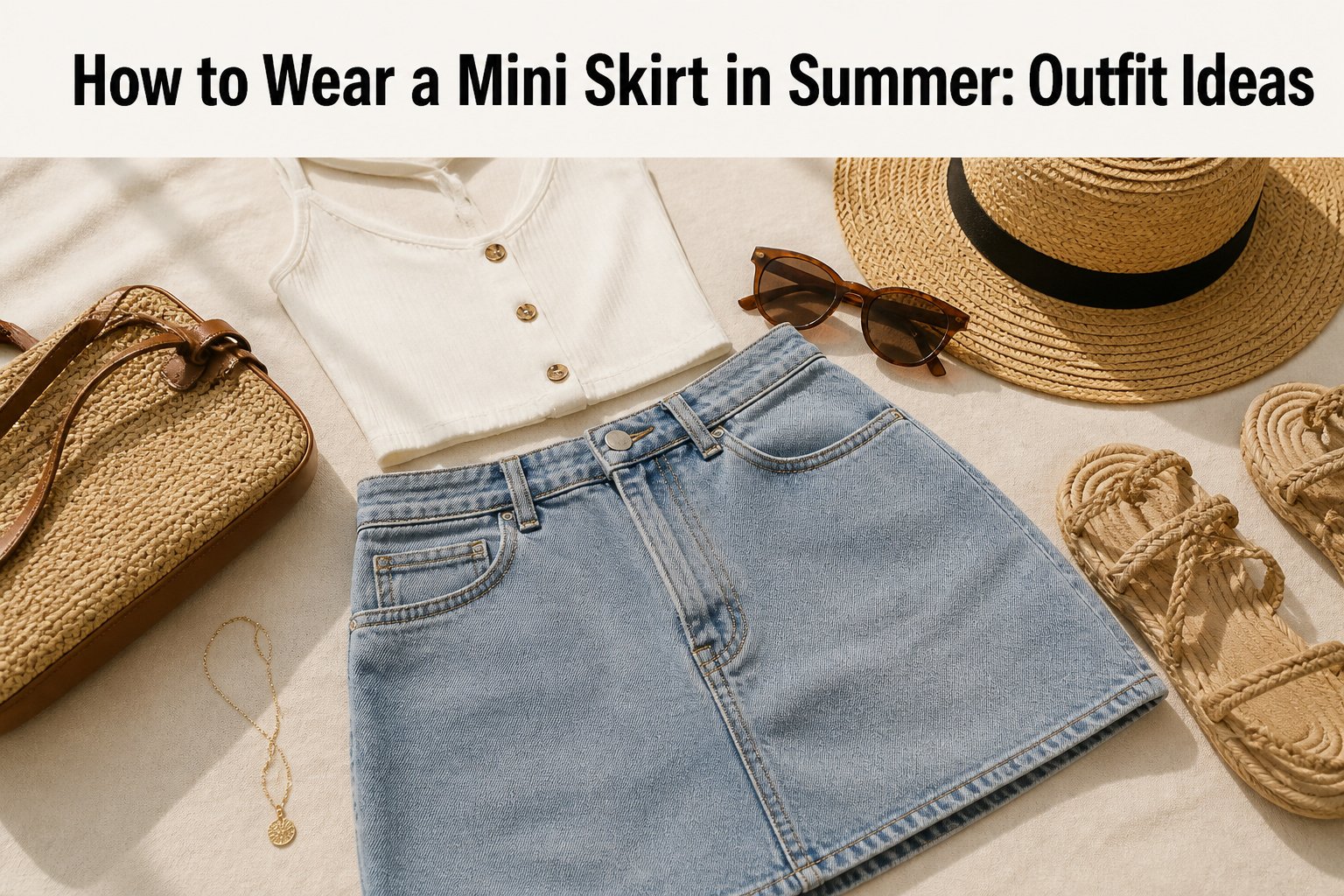 Various mini skirt outfits suitable for summer, displayed in a flat lay.