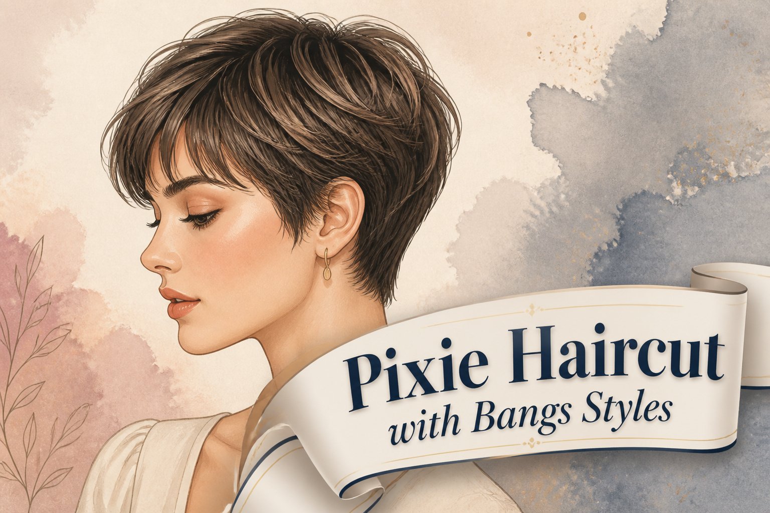 Various pixie haircuts with bangs styled in different ways.