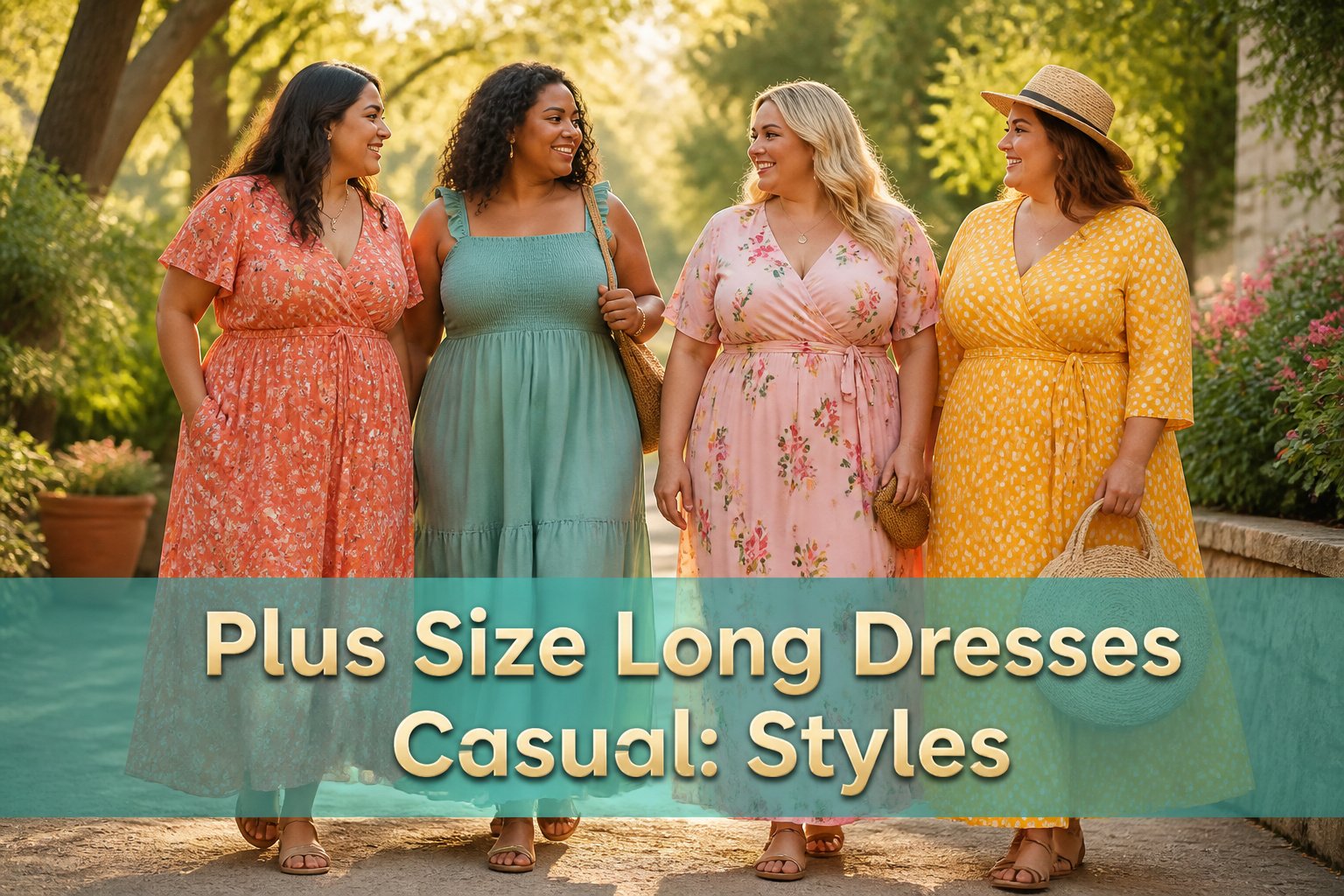 Various plus size maxi dresses displayed in a casual setting.