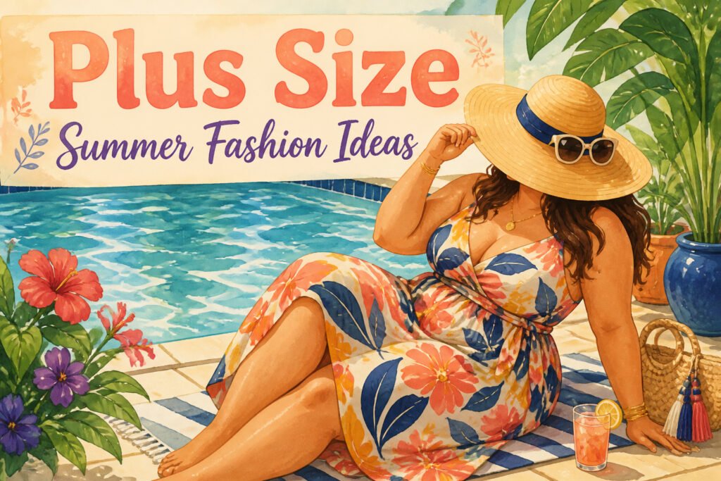 Various plus size summer fashion outfits arranged in a well-lit area.