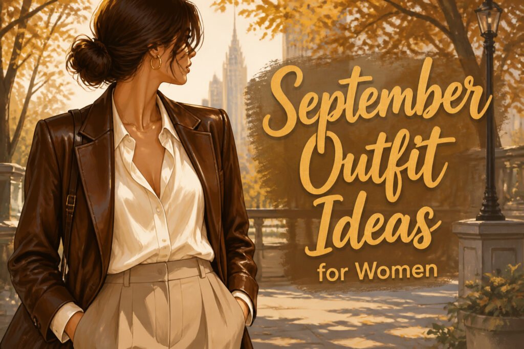 Various women's outfits suitable for September, including blazers and dresses.