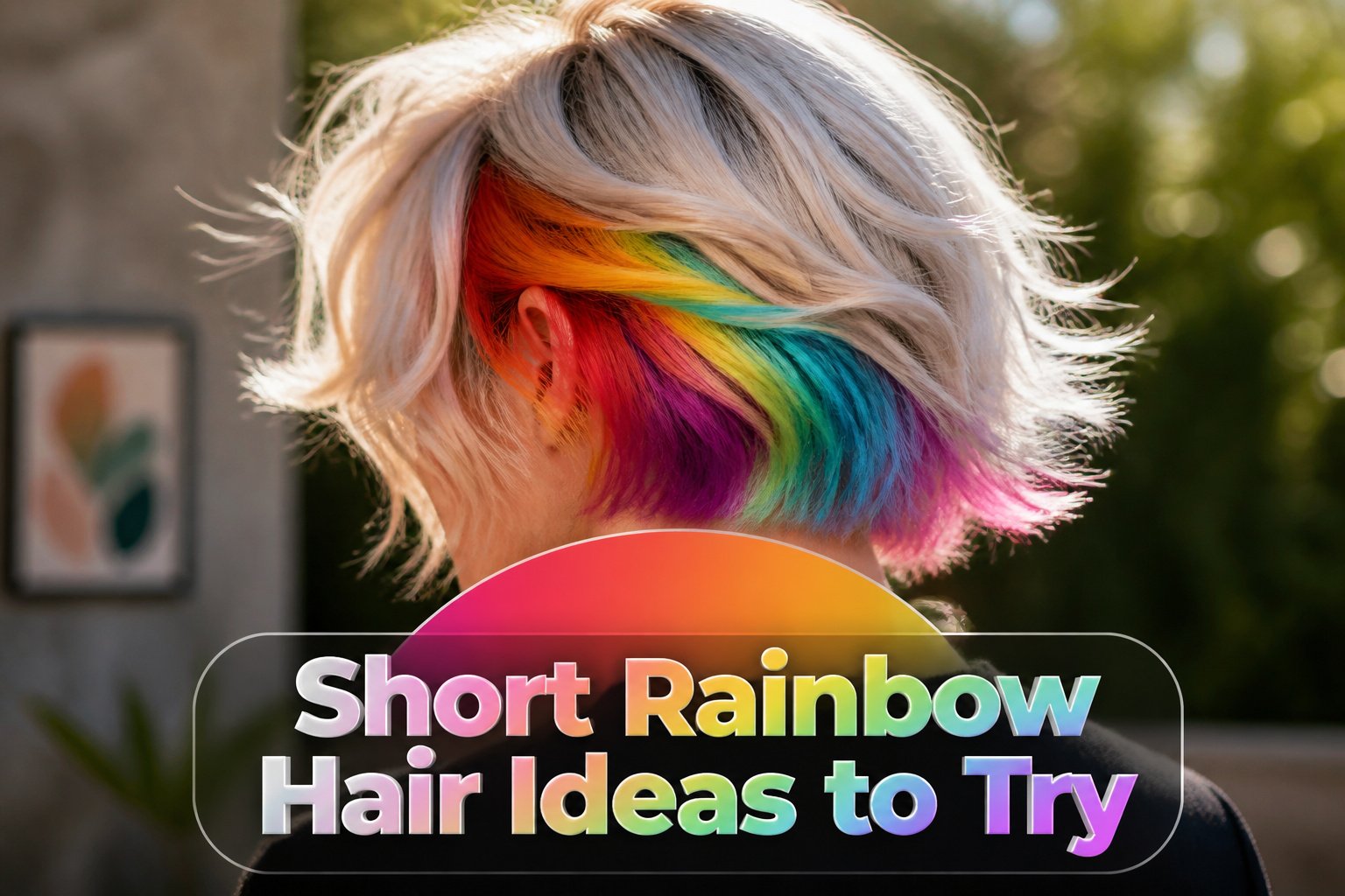 Various short rainbow hairstyles displayed in a colorful salon setting.
