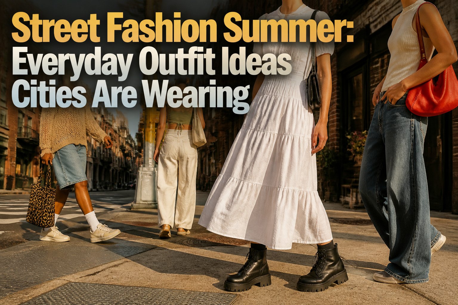 A collage of various summer street fashion outfits on urban streets.