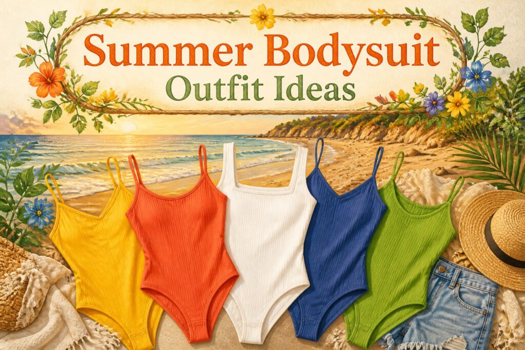 A variety of summer bodysuit outfits displayed together.