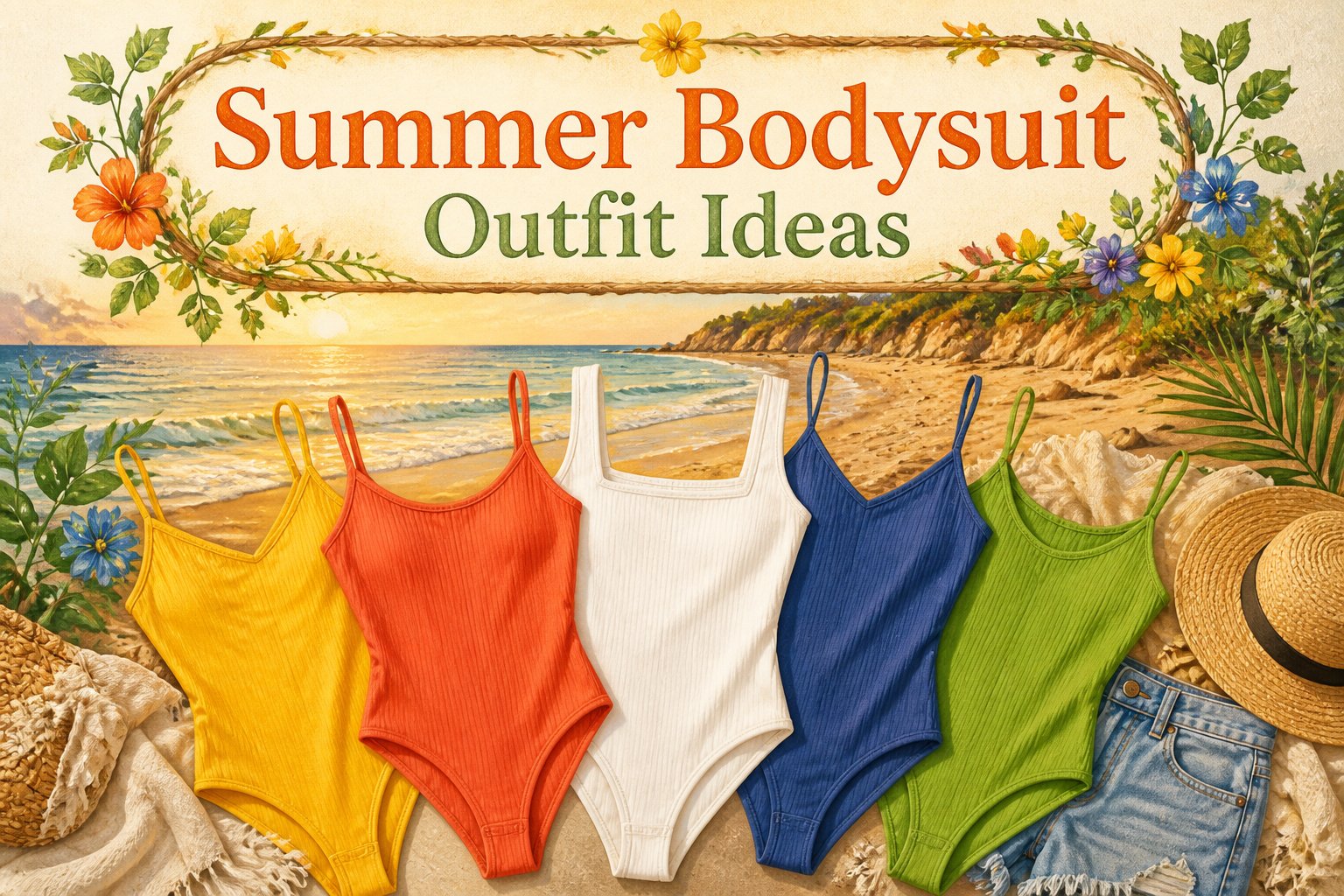 A variety of summer bodysuit outfits displayed together.