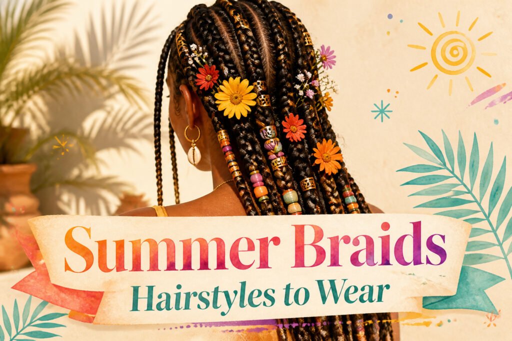Various summer braid hairstyles displayed together, featuring different styles and textures.