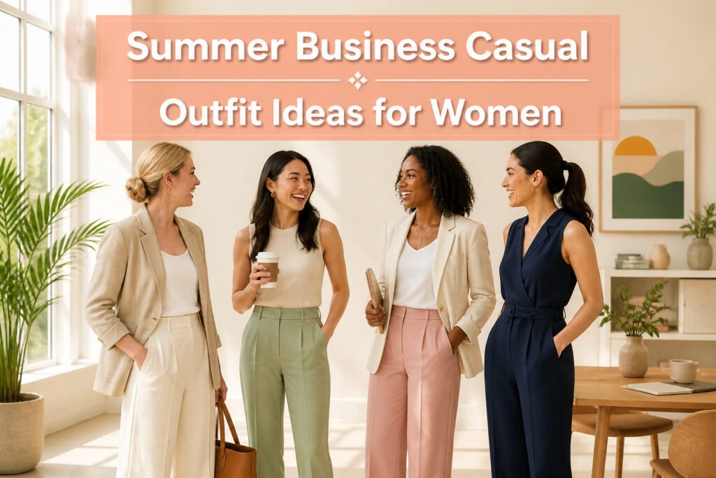 Various summer business casual outfits displayed on hangers.