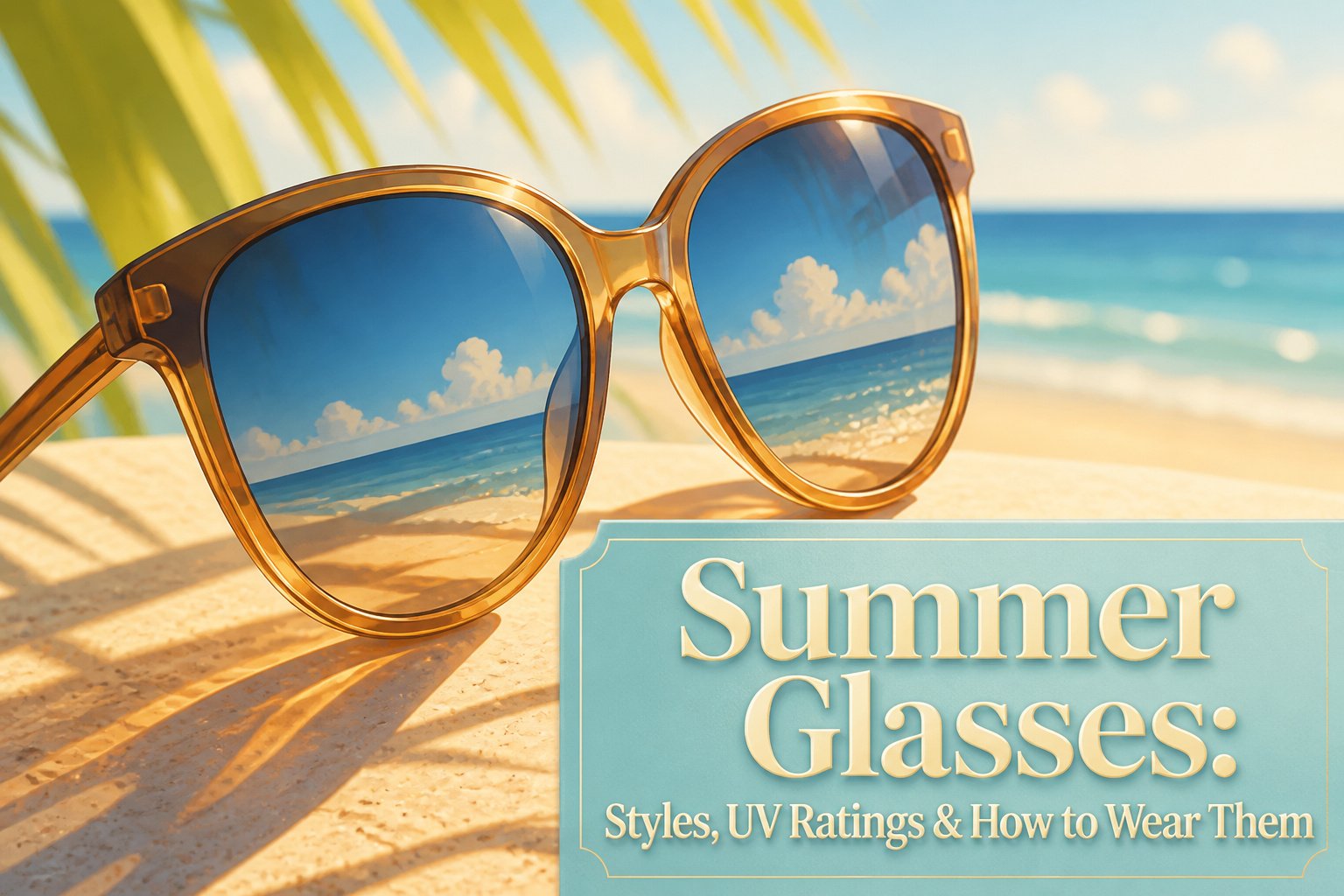 Various styles of summer sunglasses arranged for display.