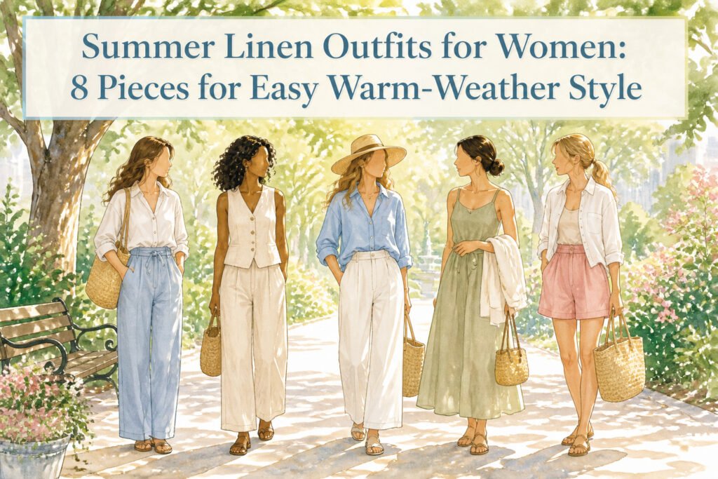 A variety of summer linen outfits displayed on a light background.