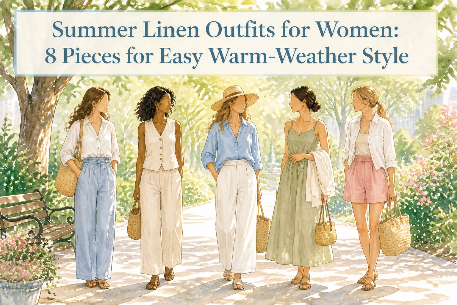 A variety of summer linen outfits displayed on a light background.