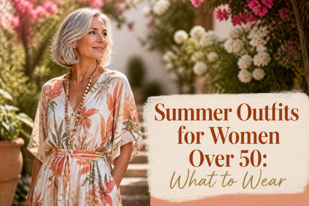 Various summer outfits for women over 50 arranged attractively.