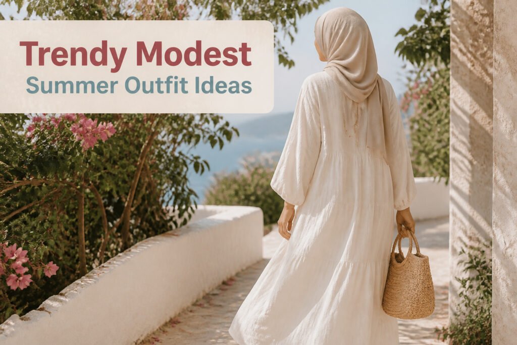 Various trendy modest summer outfits displayed together.