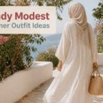 Various trendy modest summer outfits displayed together.