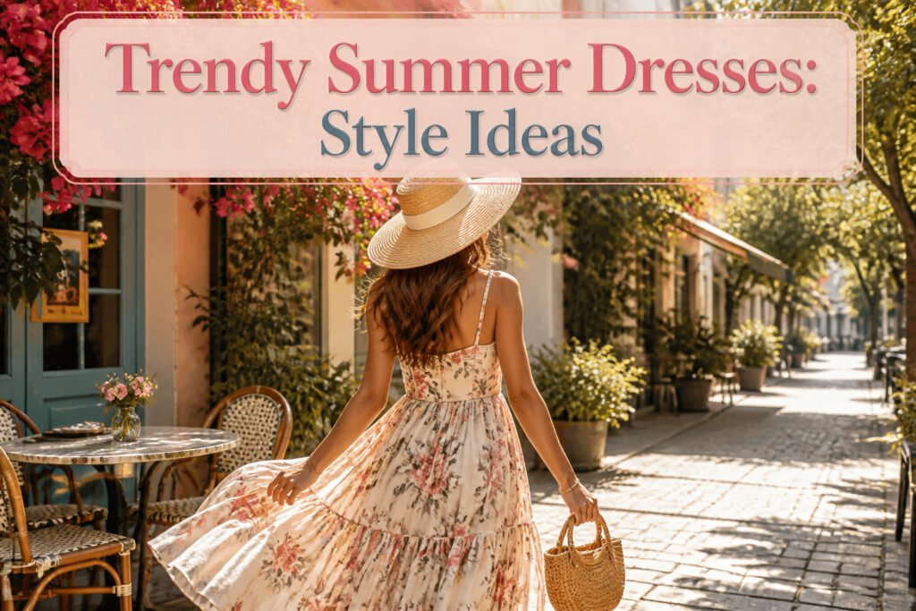 An assortment of summer dresses displayed on hangers in a boutique.